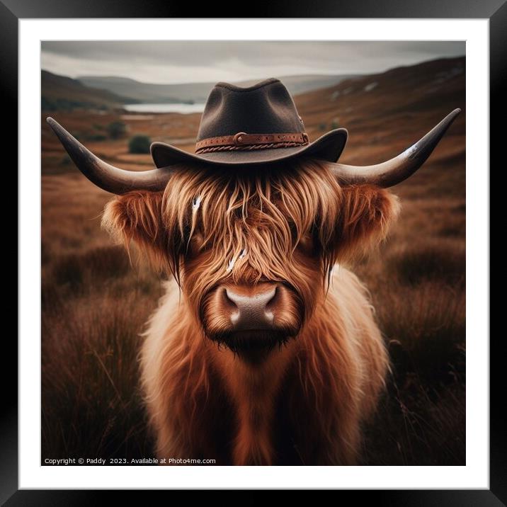 A Highland cow wearing a cowboy hat in Scotland  Framed Mounted Print by Paddy 