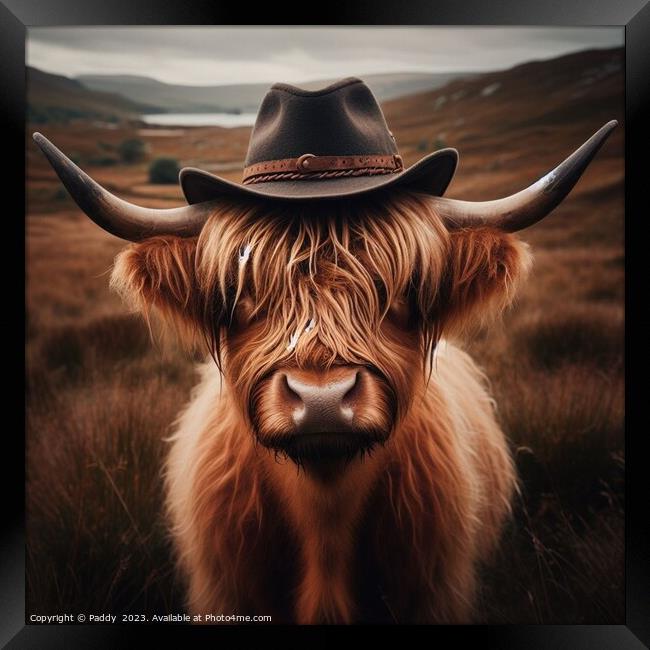 A Highland cow wearing a cowboy hat in Scotland  Framed Print by Paddy 