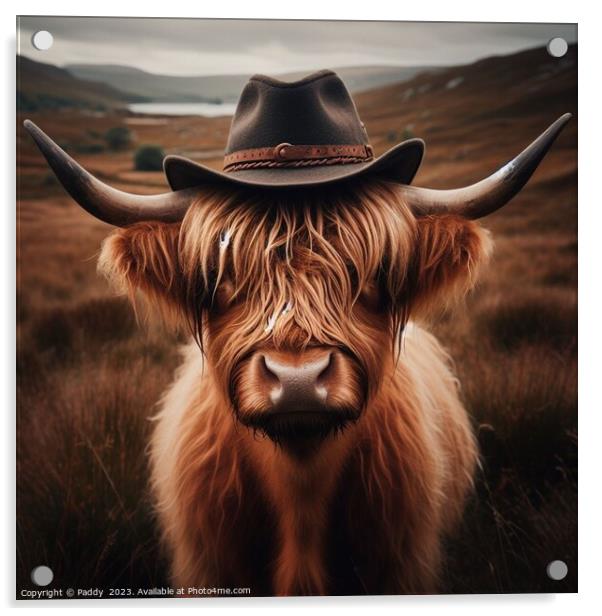 A Highland cow wearing a cowboy hat in Scotland  Acrylic by Paddy 