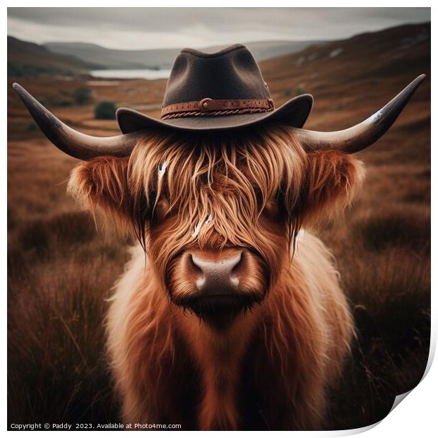 A Highland cow wearing a cowboy hat in Scotland  Print by Paddy 