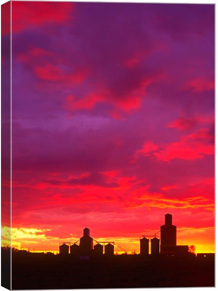 sunset over grain elevators Canvas Print by Dave Reede
