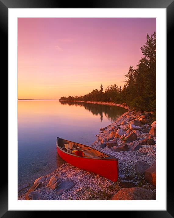 canoe along shoreline Framed Mounted Print by Dave Reede