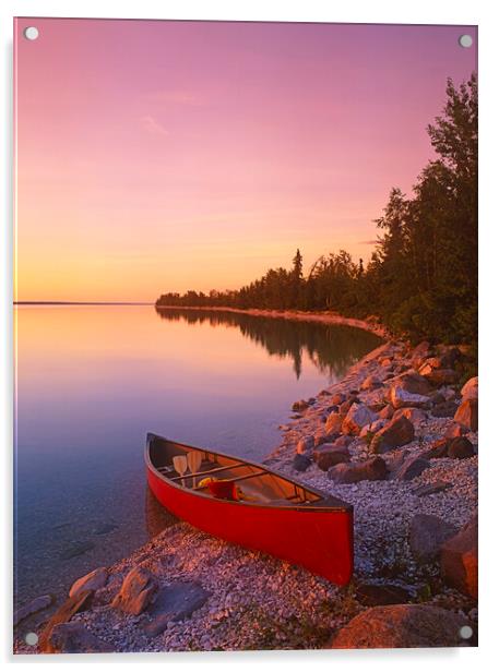 canoe along shoreline Acrylic by Dave Reede