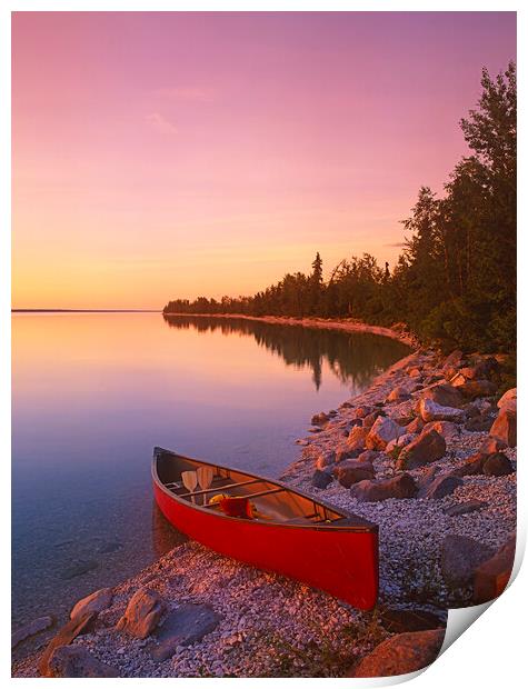 canoe along shoreline Print by Dave Reede