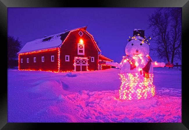 snowman in Front of Red barn Framed Print by Dave Reede