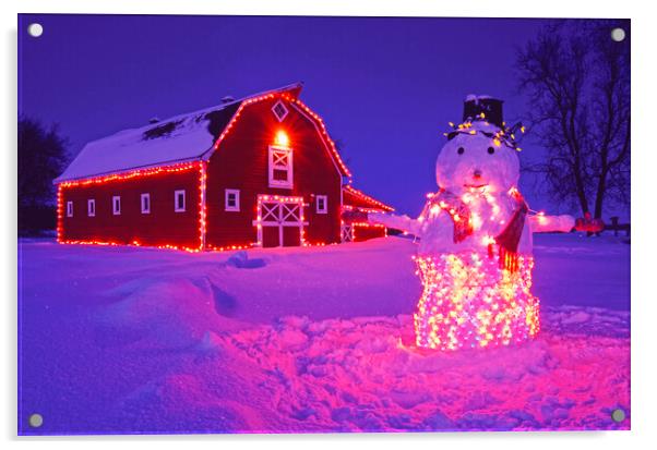 snowman in Front of Red barn Acrylic by Dave Reede
