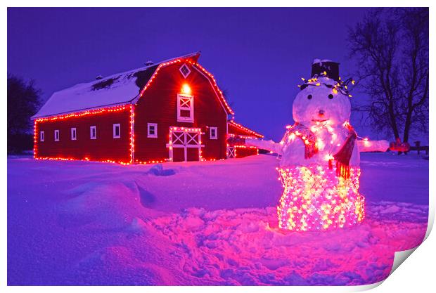 snowman in Front of Red barn Print by Dave Reede