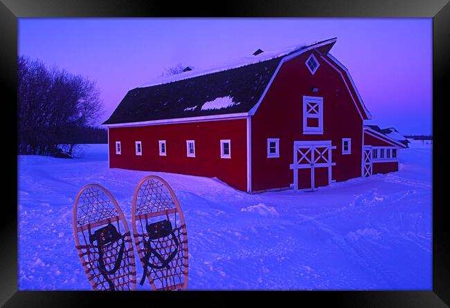 Snowshoes in Front of red barn Framed Print by Dave Reede
