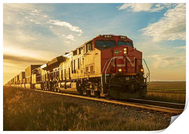 locomotives pulling shipping containers Print by Dave Reede