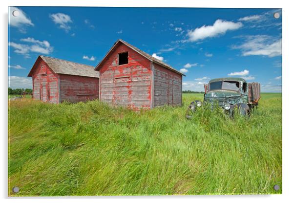 old farm truck beside grain bins Acrylic by Dave Reede