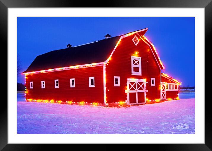 red barn with Christmas lights  Framed Mounted Print by Dave Reede