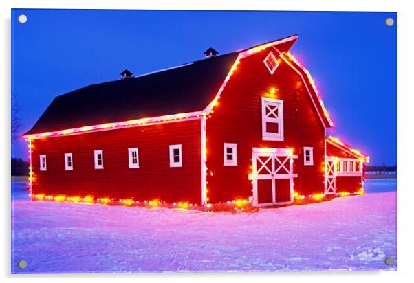 red barn with Christmas lights  Acrylic by Dave Reede