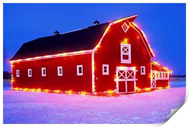 red barn with Christmas lights  Print by Dave Reede