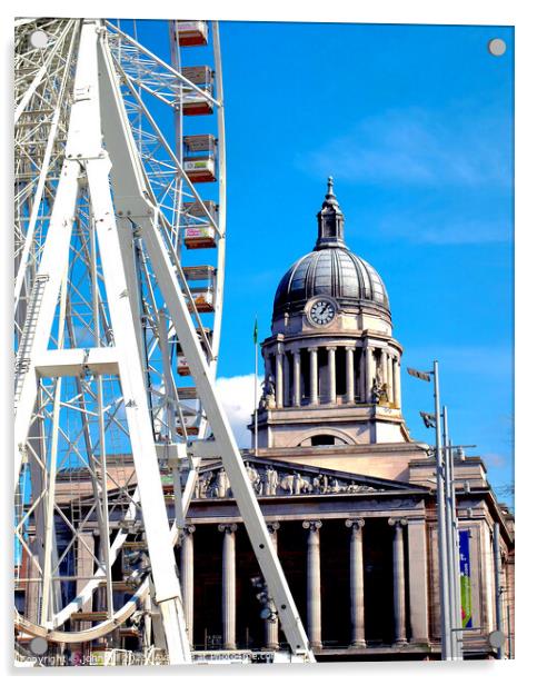 Nottingham town hall and big wheel. Acrylic by john hill