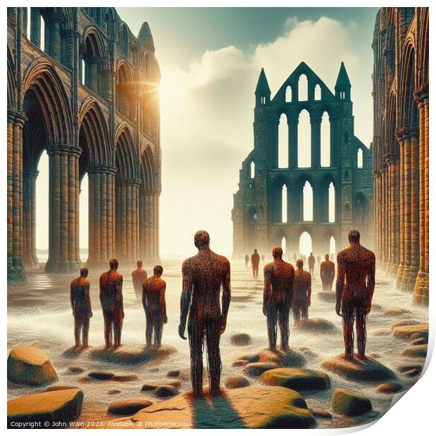 Gormley men and Whitby Abbey (AI Generated) Print by John Wain