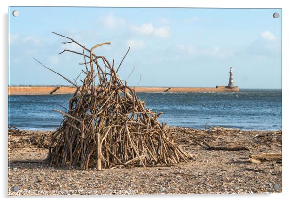 Driftwood stack on Roker beach  Acrylic by Bryan Attewell