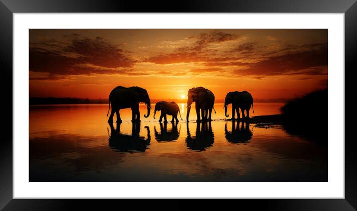 A family of African elephants moving at dusk in search of food.  Framed Mounted Print by Guido Parmiggiani