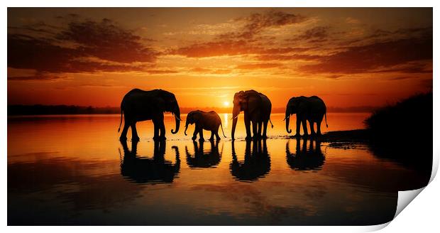 A family of African elephants moving at dusk in search of food.  Print by Guido Parmiggiani