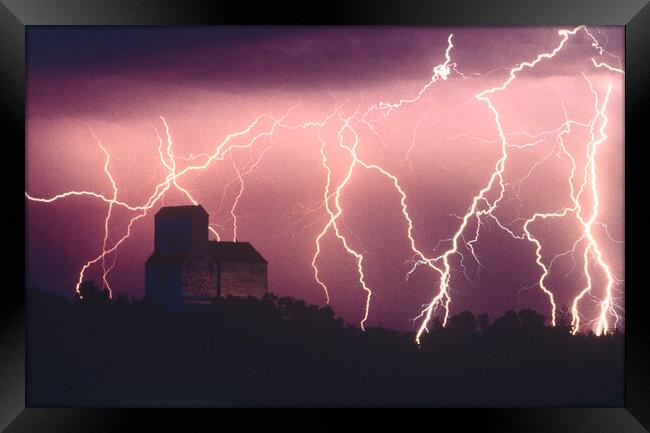 Lightning Over Grain Elevator Framed Print by Dave Reede