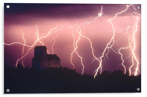 Lightning Over Grain Elevator Acrylic by Dave Reede