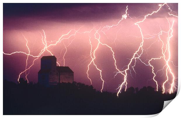 Lightning Over Grain Elevator Print by Dave Reede