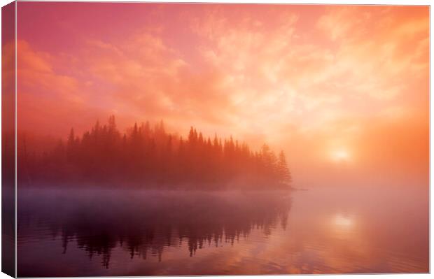 Sunrise Over Misty Lake  Canvas Print by Dave Reede