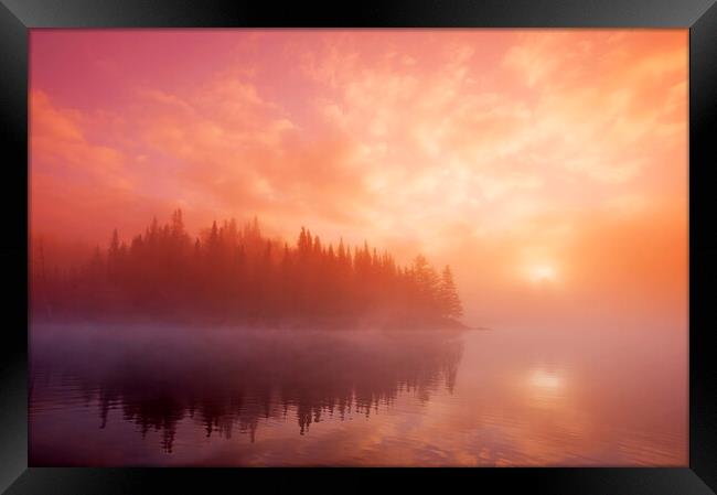 Sunrise Over Misty Lake  Framed Print by Dave Reede