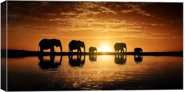 A family of elephants moving at dusk in search of food.  Canvas Print by Guido Parmiggiani