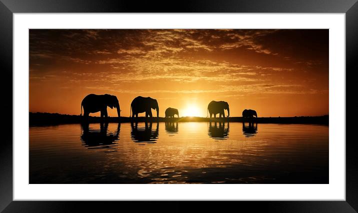 A family of elephants moving at dusk in search of food.  Framed Mounted Print by Guido Parmiggiani