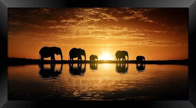 A family of elephants moving at dusk in search of food.  Framed Print by Guido Parmiggiani