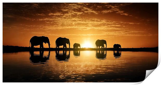 A family of elephants moving at dusk in search of food.  Print by Guido Parmiggiani