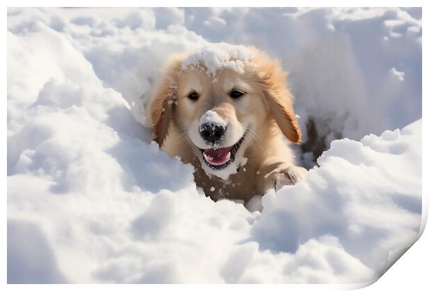 Golden retriever playing int he snow  Print by CC Designs