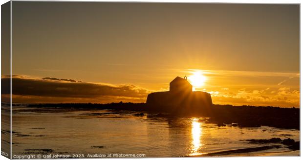 Sunset at the church on the island - St Cwyfan's Anglesey  Canvas Print by Gail Johnson