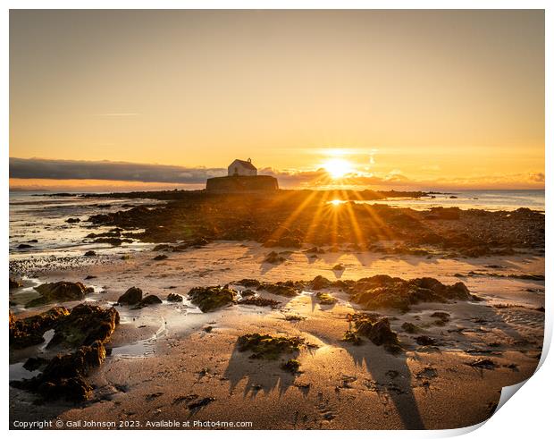 Sunset at the church on the island - St Cwyfan's Anglesey  Print by Gail Johnson