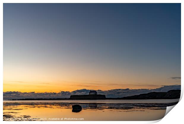 Sunset at the church on the island - St Cwyfan's Anglesey  Print by Gail Johnson