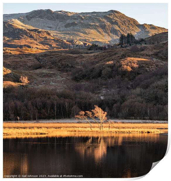 Reflection views around Snowdonia lakes in winter  Print by Gail Johnson