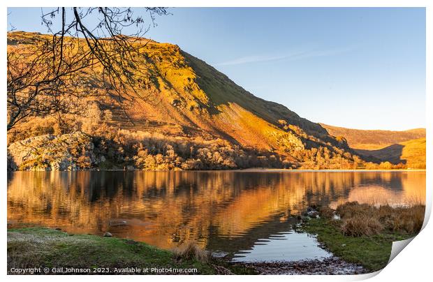 Reflection views around Snowdonia lakes in winter  Print by Gail Johnson