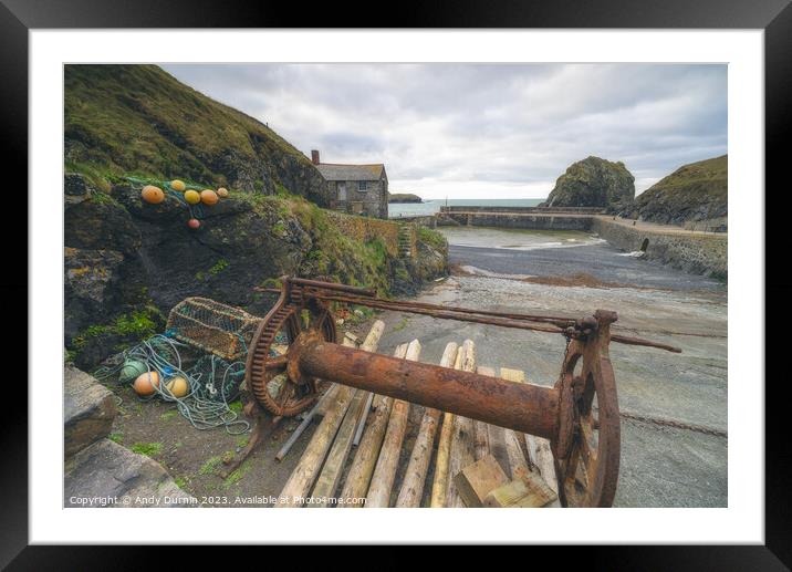 Mullion Cove Harbour, Winch Framed Mounted Print by Andy Durnin