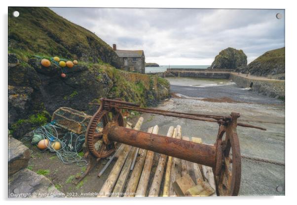 Mullion Cove Harbour, Winch Acrylic by Andy Durnin