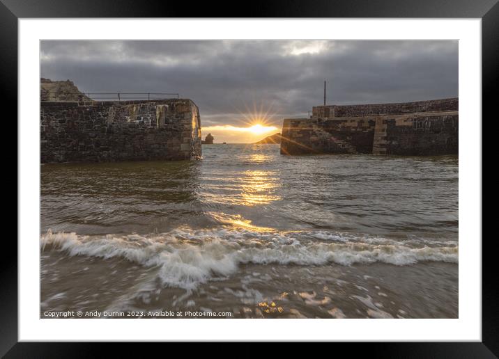 Mullion Harbour Sun Burst Framed Mounted Print by Andy Durnin