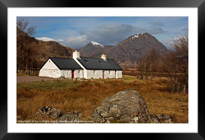 Black Rock Cottage,  with Buachaille Etive Mor, Lo Framed Mounted Print by Arch White