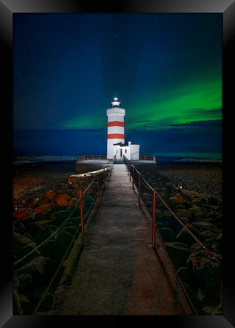 Garður Old Lighthouse with aurora  Framed Print by Jonny Gios