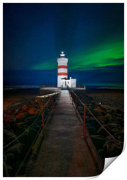 Garður Old Lighthouse with aurora  Print by Jonny Gios