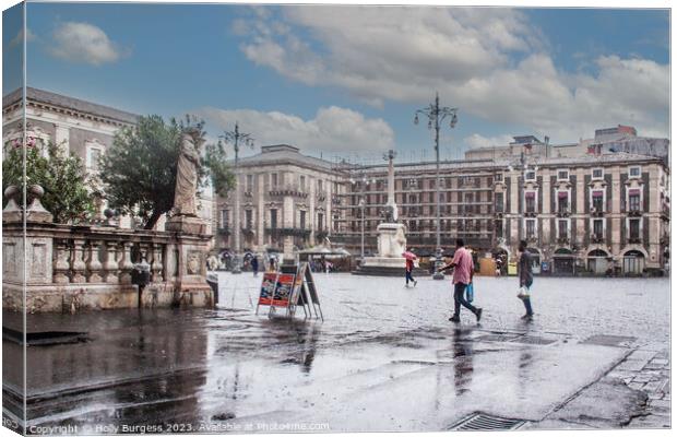 Rainy day in Catania Sicilys square  Canvas Print by Holly Burgess