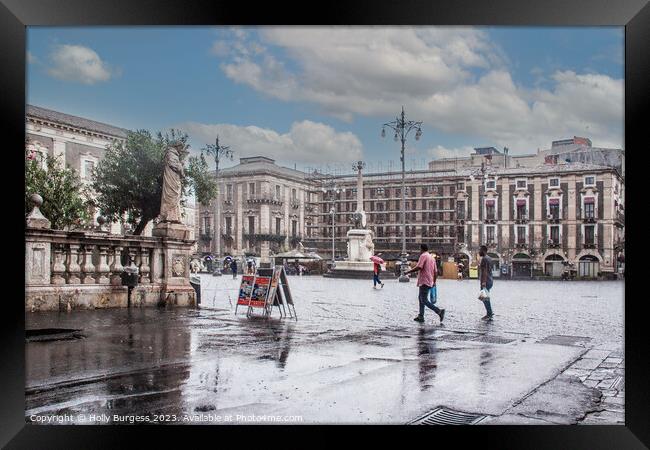 Rainy day in Catania Sicilys square  Framed Print by Holly Burgess