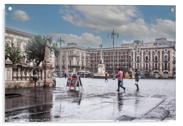 Rainy day in Catania Sicilys square  Acrylic by Holly Burgess