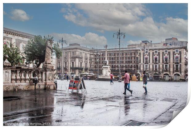 Rainy day in Catania Sicilys square  Print by Holly Burgess