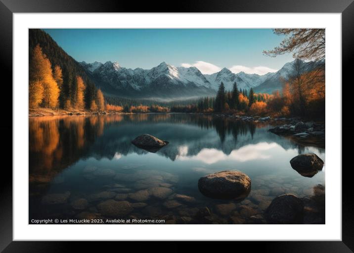Ai Outdoor mountain range with lake Framed Mounted Print by Les McLuckie