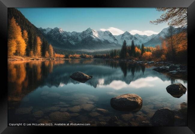 Ai Outdoor mountain range with lake Framed Print by Les McLuckie