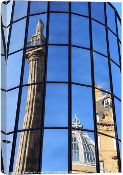 Grey's Monument reflection Canvas Print by Bryan Attewell